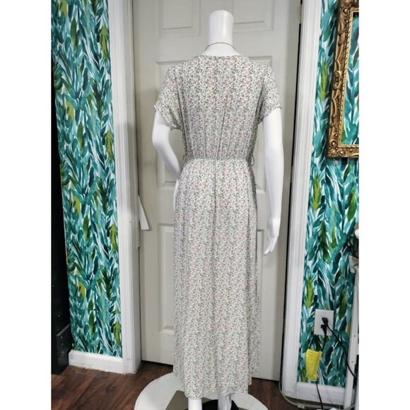 Made In Italy Short Sleeve Floral Print V Neck Maxi Dress White Pink Women's L - Picture 6 of 13